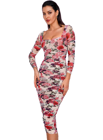 Sexy Floral Print Long Sleeve Over-The-Knee Slim Mesh Party Dress With Lining