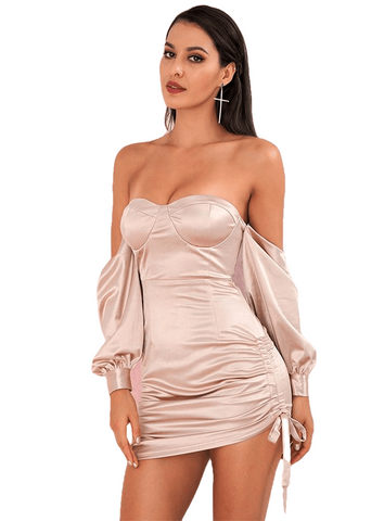 Sexy Nude Off-The-Shoulder Backless Loose Sleeves Bodycon Mini Party Dress