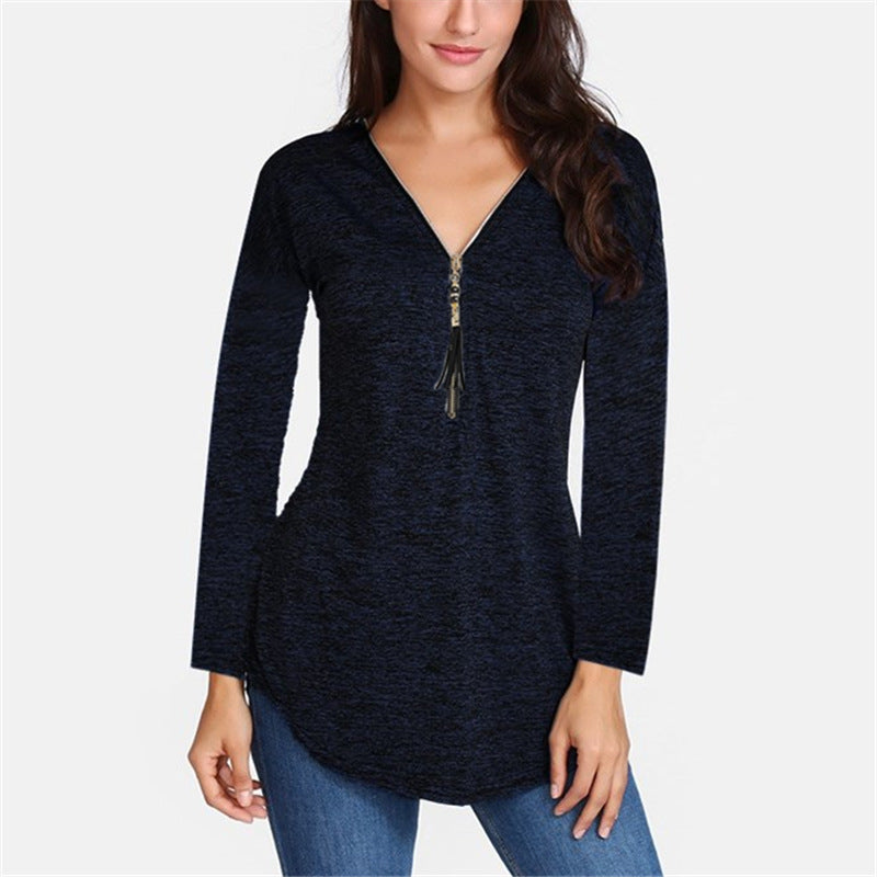 Cotton Long Sleeve V-neck Tassel Zipper T-Shirt Plus Size For Women - Sheseelady