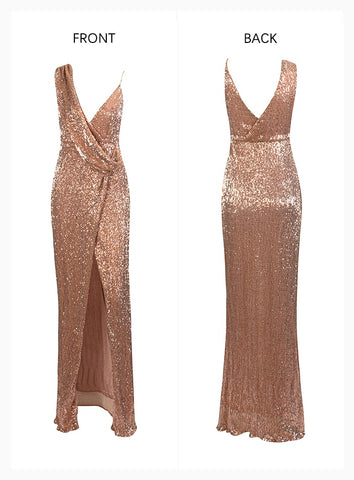 Sexy Rose Gold Deep V-Neck Whit Split Sequins Party Maxi Dress For Ladies