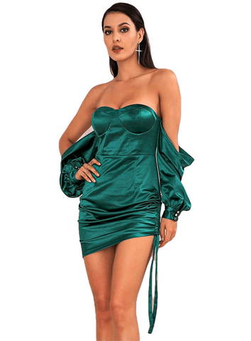 Ladies' Sexy Green Off-The-Shoulder Loose Sleeves Smocked Mini Party Dress