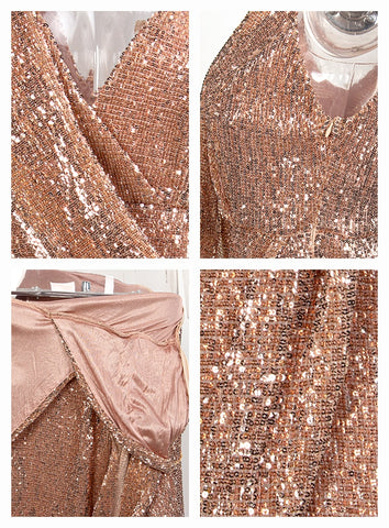 Sexy Rose Gold Deep V-Neck Whit Split Sequins Party Maxi Dress For Ladies