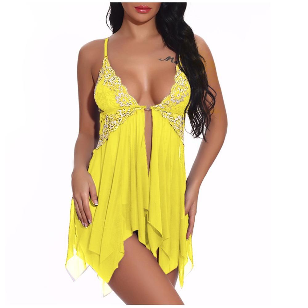 Sexy Lingerie Women Front Closure Babydoll Lace V Neck Mesh Sleepwear