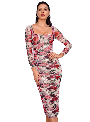 Sexy Floral Print Long Sleeve Over-The-Knee Slim Mesh Party Dress With Lining