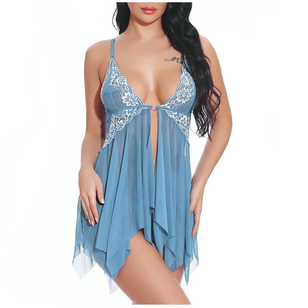 Sexy Lingerie Women Front Closure Babydoll Lace V Neck Mesh Sleepwear