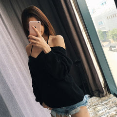 Autumn And Winter Sexy Off Shoulder Backless Cross Solid Color Knitted Sweater - Sheseelady