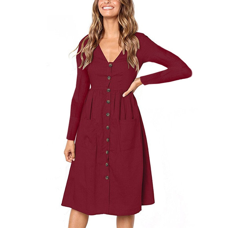 Casual Autumn Vintage Long Sleeve Buttons V Neck Midi Dress For Ladies - Sheseelady