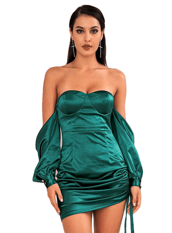 Ladies' Sexy Green Off-The-Shoulder Loose Sleeves Smocked Mini Party Dress