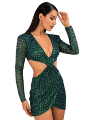 Brilho de gola V profundo verde sexy vestido de gala próprio escasso material colado de senhoras