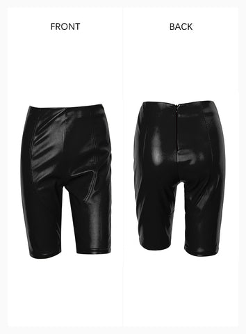 Sexy Black Mid Waist Stitching Elastic Faux Leather Slim Shorts For Ladies