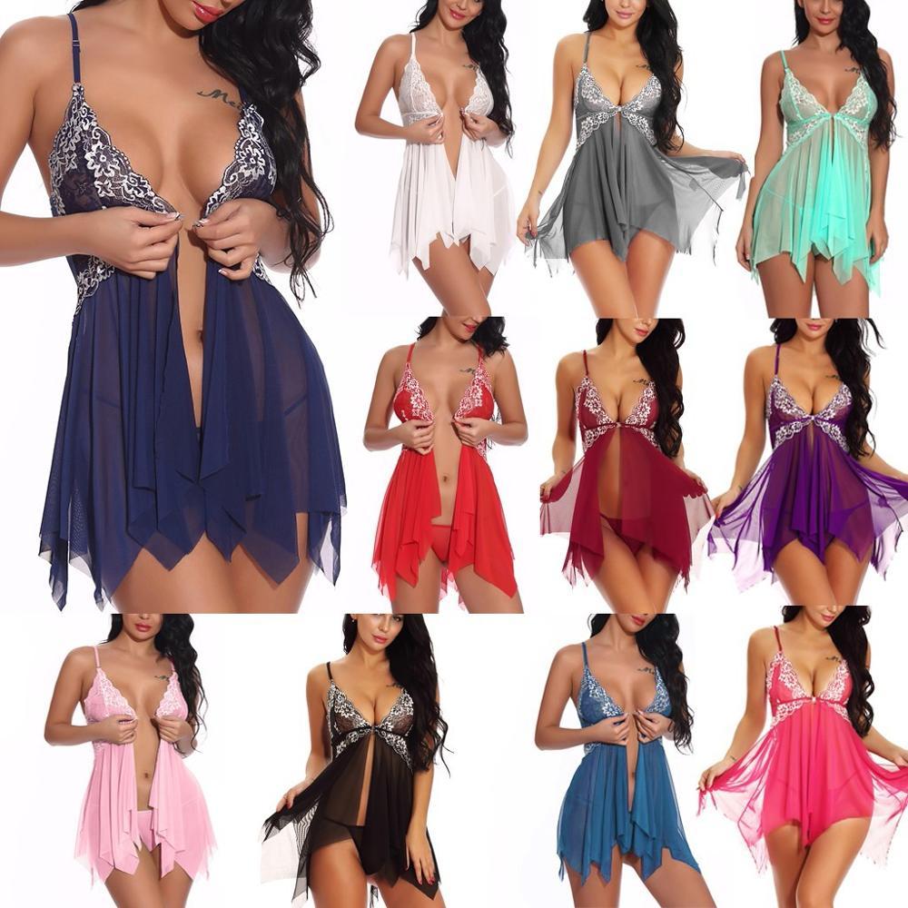 Sexy Lingerie Women Front Closure Babydoll Lace V Neck Mesh Sleepwear