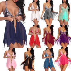Sexy Lingerie Women Front Closure Babydoll Lace V Neck Mesh Sleepwear