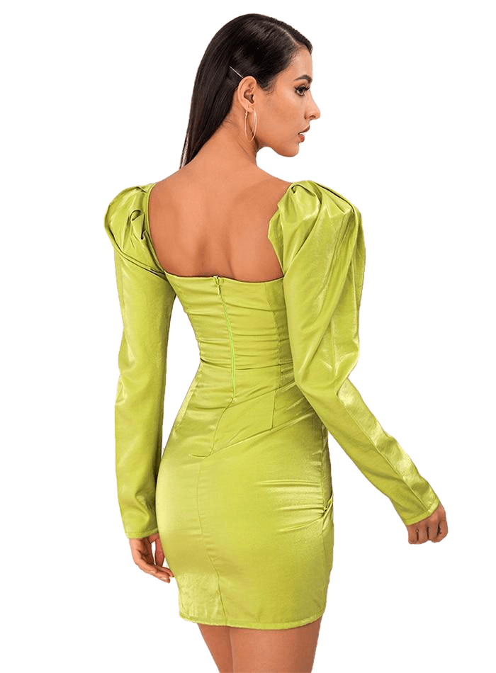 Sexy Green Square Collar Long Sleeve Reflective Material Festa Mini Vestido para Mulheres