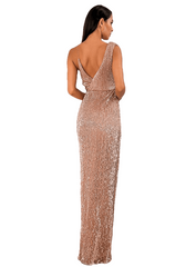 Sexy Rose Gold Deep V-Neck Whit Split Sequins Party Maxi Dress For Ladies