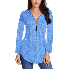 Cotton Long Sleeve V-neck Tassel Zipper T-Shirt Plus Size For Women - Sheseelady