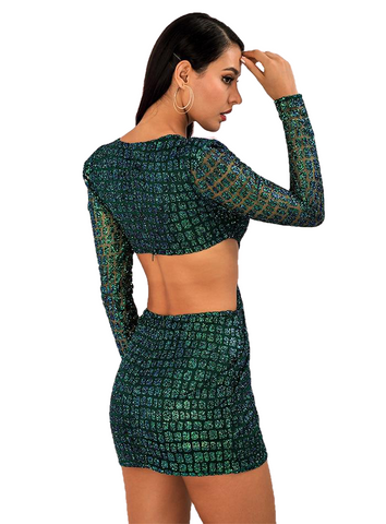 Sexy Green Deep V-neck Glitter Glued Material Slim Fit Party Dress For Ladies