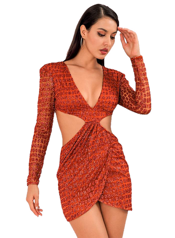 Sexy Orange Deep V-neck Open Back Slim Fit Party Dress For Ladies