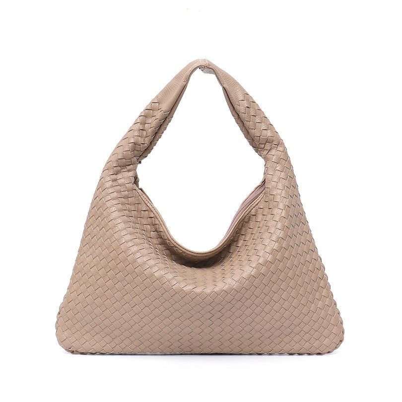 Leather Hobo Bag Handmade Woven Casual Female Handbag Big Capacity Patchwork Zipper Women Shoulder Bags