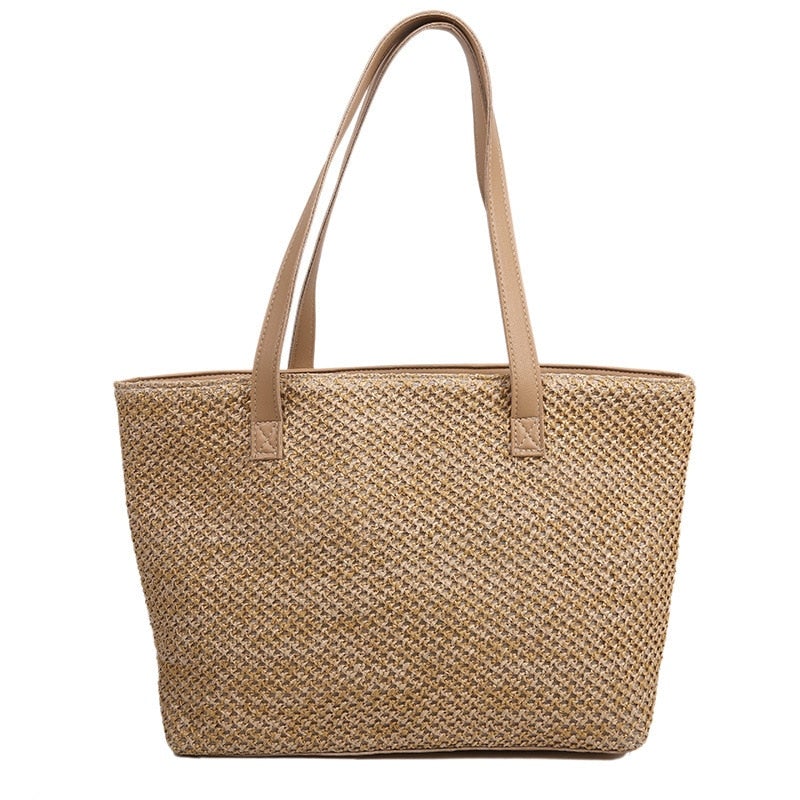 Fashion Women Beach Summer Straw Woven Pure Color Shoulder Shopping Tote Bag Casual Ladies Large Capacity Handbags