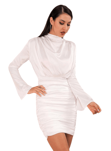 Sexy White High Collar Loose Upper Body Pleated Elastic Rayon Going Out Party Dress For Women