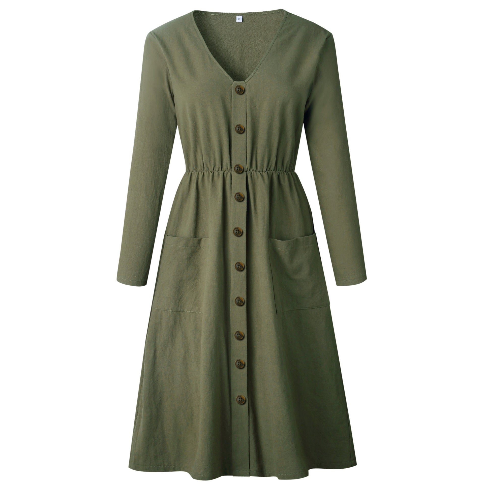 Casual Autumn Vintage Long Sleeve Buttons V Neck Midi Dress For Ladies - Sheseelady