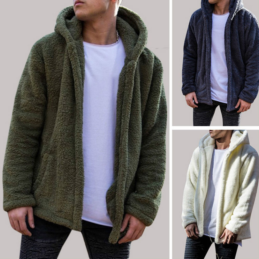 Winter Warm Men Thick Hoodies Tops Fluffy Fleece Fur Jacket Hooded Coat Outerwear Long Sleeve Cardigans