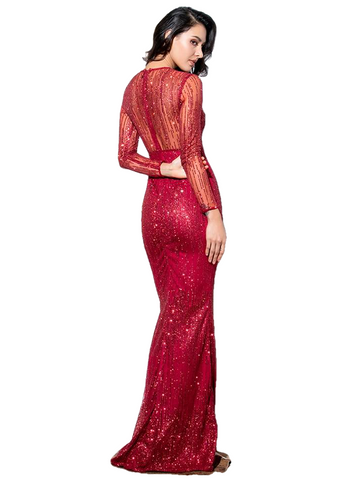 Crimson Round Neck Long Sleeve Perspective Back Glitter Glued Material Maix Dress
