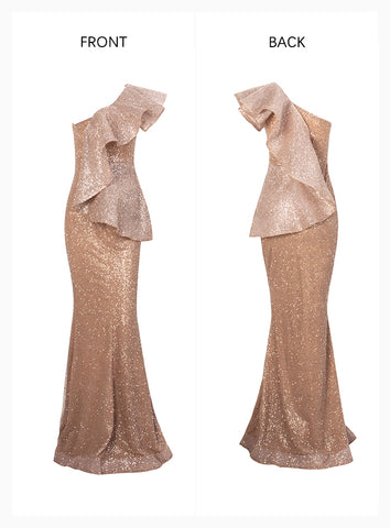 Sexy One Shoulder Ruffled Stitch Rose Gold Glitter Party Maxi Dress Females