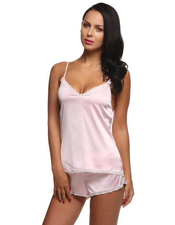 Women V-Neck Sleepwear Satin Pajama Spaghetti Strap Sexy Lace
