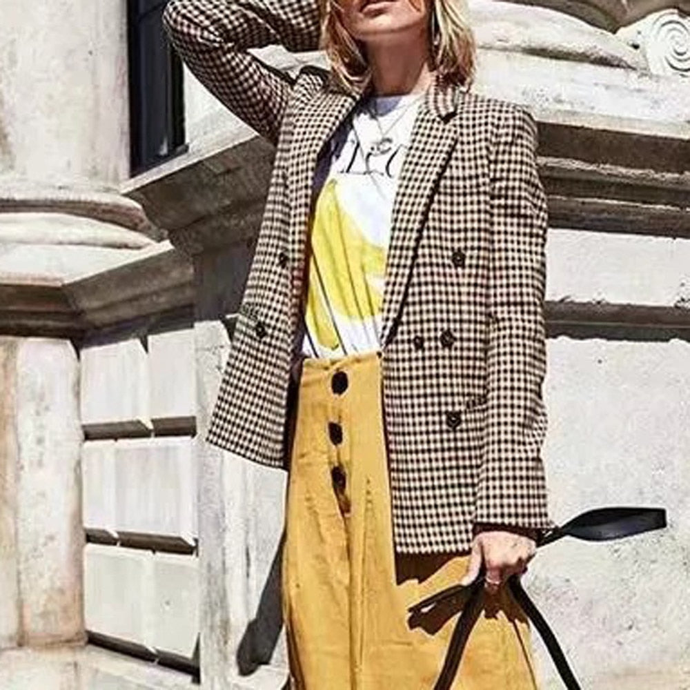Fashion Plaid Women Blazer Coat Retro Button Lattice Suit Jacket With Shoulder Pads Jacket Blazer Female Casual Coats - Sheseelady