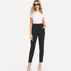 Elastic Waist Pinstripe Cigarette Black Mid Waist Carrot Trousers Summer Office Pants For Women - Sheseelady