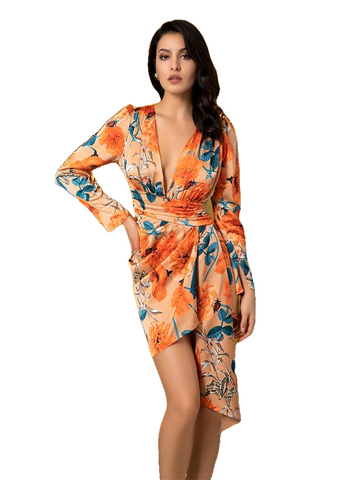 Sexy Deep V-Neck Orange Flower Print Puff Sleeve Ribbon Decoreto Fit Dress Para Mulheres