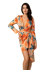 Orange Flower Print Sexy Deep V-Neck Puff Sleeve Ribbon Trim Fit Dress For Women