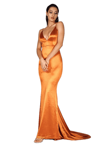 Sexy Orange Deep V-Neck Open Back Slim Long Dress Women