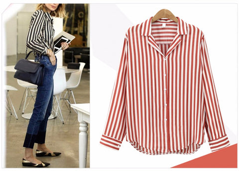 Casual Stylish Women's V-neck Long Sleeve Striped Shirts For Workplace