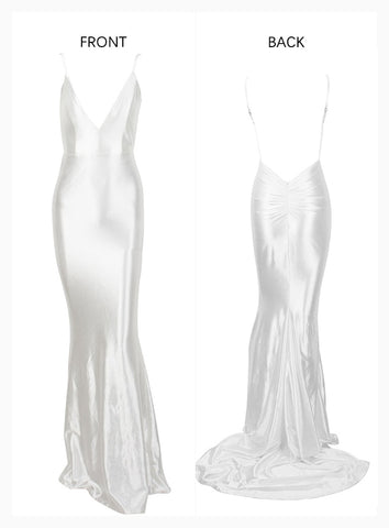 セクシーな白い深いVネックオープンバックスリムフラッシュ素材ロングドレス女性のための