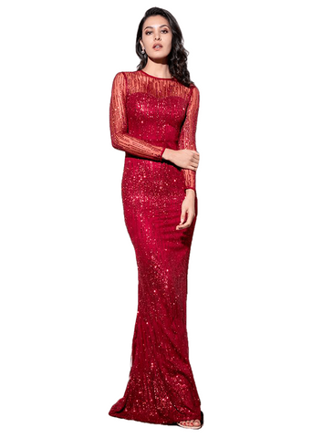 Crimson Round Neck Long Sleeve Perspective Back Glitter Glued Material Maix Dress