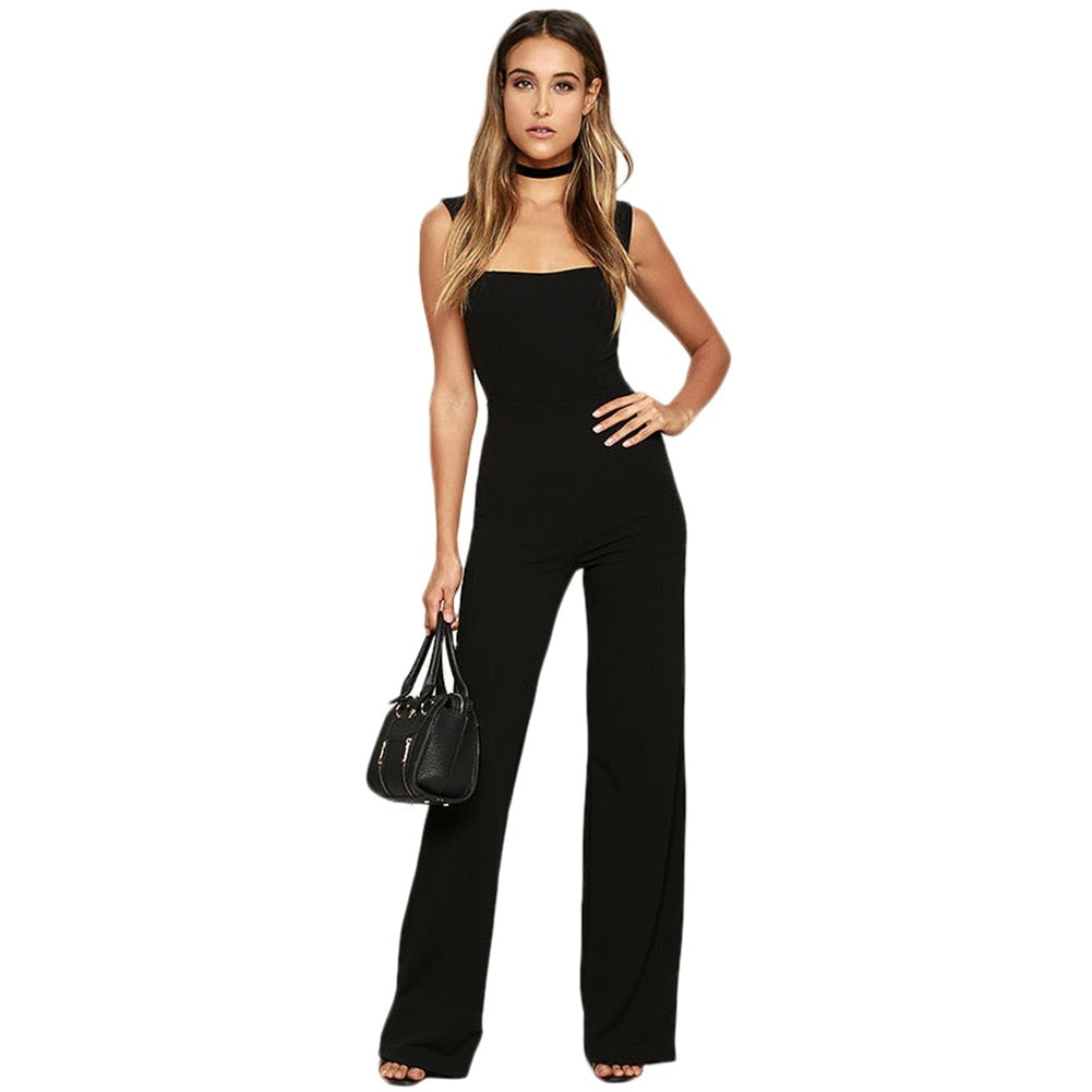 Jumpsuit Elegant Lady Rompers Flared Square Overalls Sleeveless Back Zipper