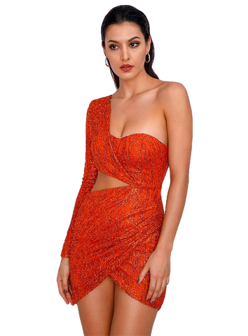 Orange Orange Cut Out Single Sleeve Glitter Glue Bead Material Body Bodycon Party Women