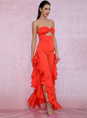 Sexy Orange Tube Top Cut Out Side Slit Ruffled Jumpsuit For Ladies