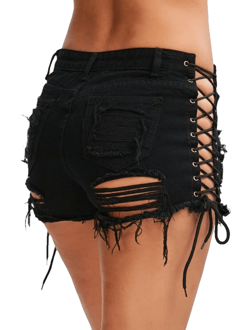 Sexy Summer Women Denim High Waist Ripped Short Jeans Tassel Lace Up Bandage