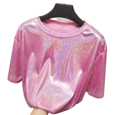 Summer Retro Shiny O-neck Loose Short-sleeve Solid Color T-Shirt For Female