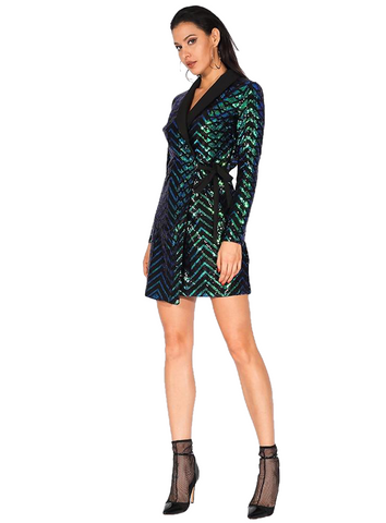 Green Flash Ladies' Cross Banded Party Dress With Geometry Sequins