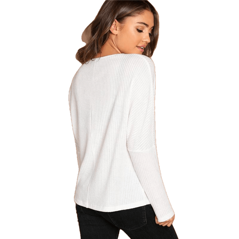 Elegant Casual White Solid Rib-Knit Tee Plain Round Neck Long Sleeve Stretchy For Women - Sheseelady
