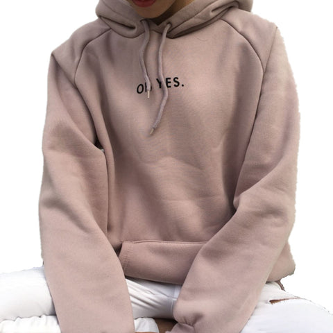 Oh Yes New Fashion Corduroy Long Sleeves Letter Harajuku Print Light Pink Pullovers Tops O-neck Women's Hooded Sweatshirt