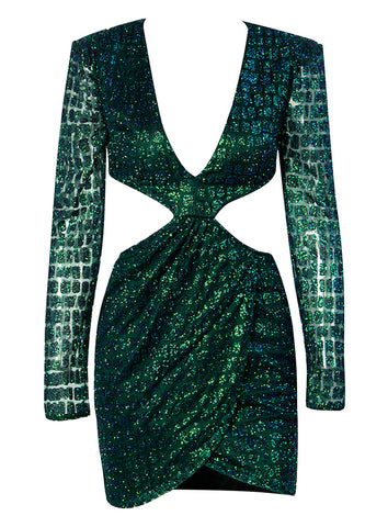 Sexy Green Deep V-neck Glitter Glued Material Slim Fit Party Dress For Ladies