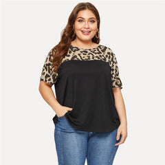 E Camisa Tamanha, Mulheres Leopardas, Yoke Cortado e costurado, Tops de Verão, Cor Negra, Bloco Casual Feminino Camisa de Dentes Femininos