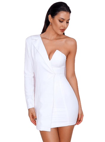 Col irrégulier blanc sexy tissu micro-élastique femelle de robe du parti à manches longues