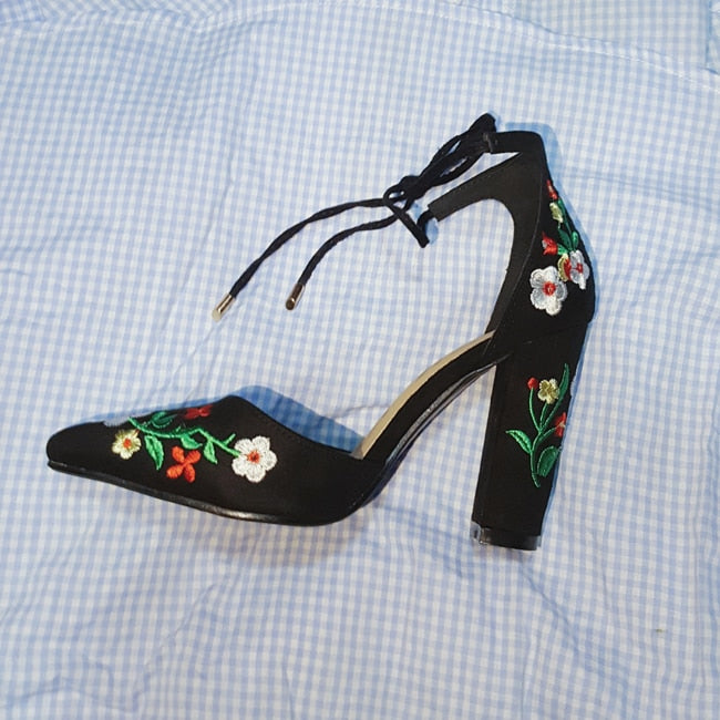Embroider Women Pumps High Heels Pointed Toe Lace Up Cross-Tie Women High Heels Elegant Ladies Shoes Women - Sheseelady