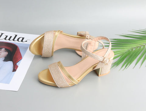 女性サンダルブロックヒールレディパーティー靴グリッター高ハイヒール夏靴のぞき足バックルゴールド新しいサイズ